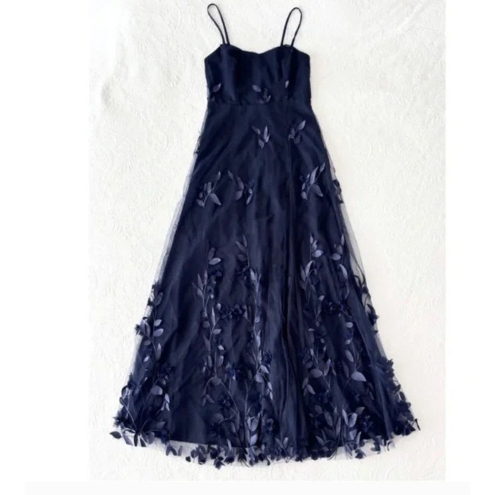 Lulus Abundant Charm Navy 3D Floral Applique Maxi Dress SZ L Bridesmaid Wedding - Picture 3 of 7